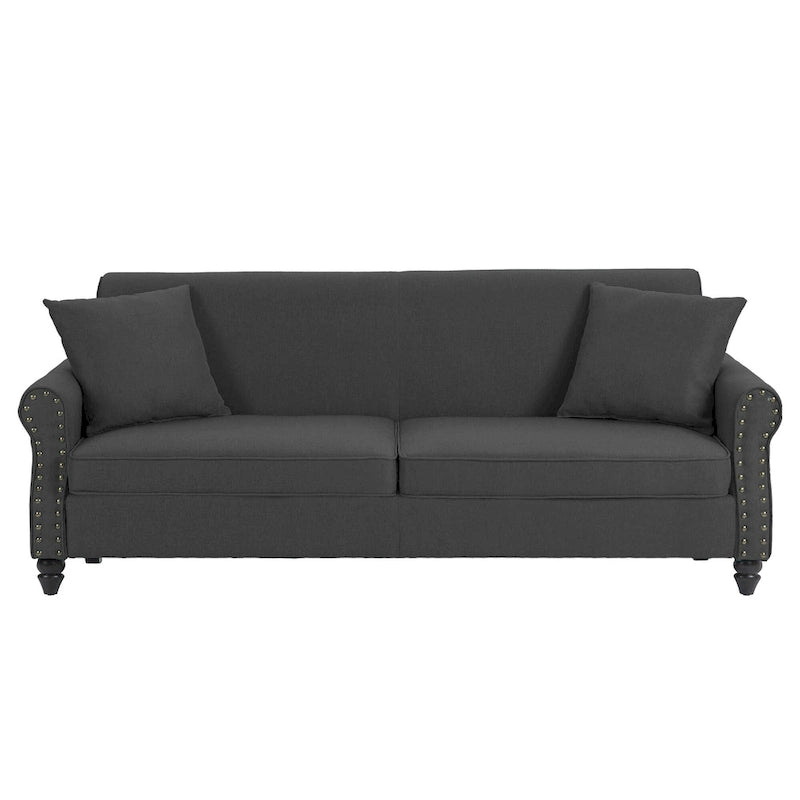 Causeuse cloutée Mid-Century – 73" en lin avec accoudoirs roulés