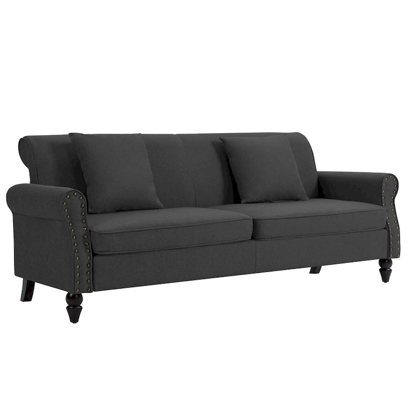 Causeuse cloutée Mid-Century – 73" en lin avec accoudoirs roulés