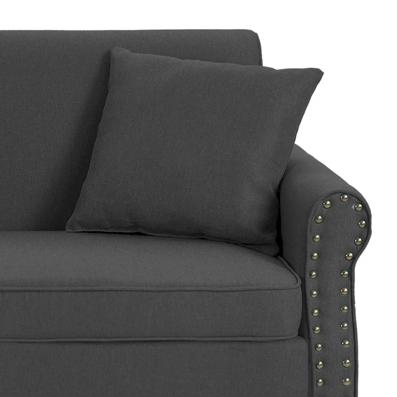 Causeuse cloutée Mid-Century – 73" en lin avec accoudoirs roulés
