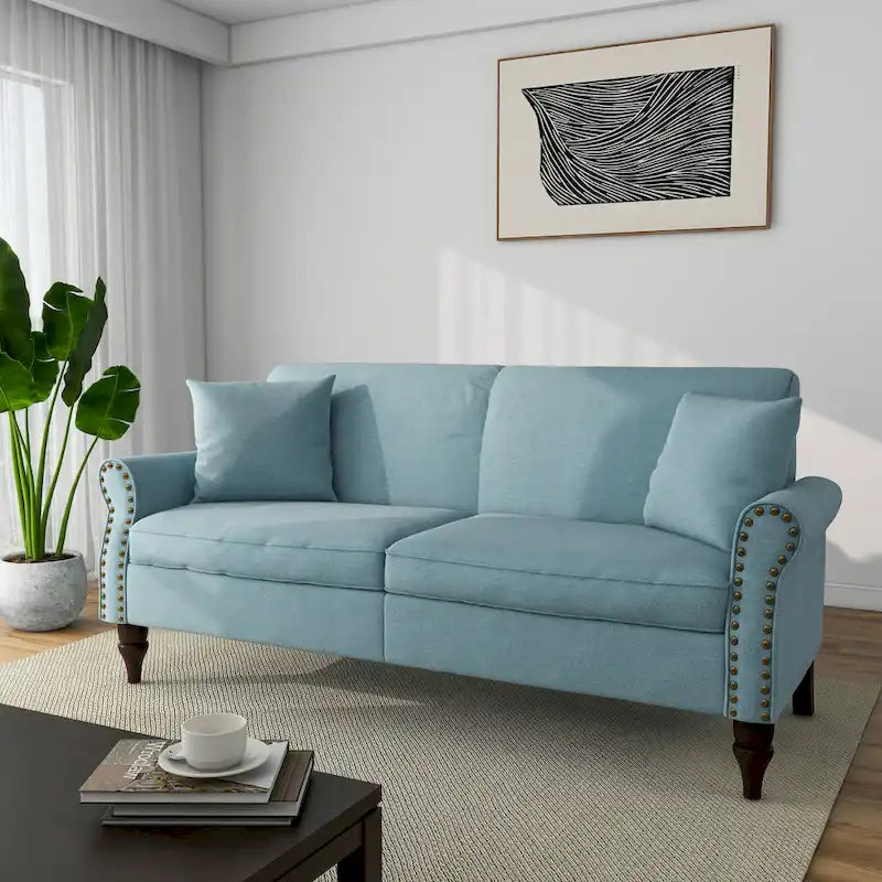 Causeuse cloutée Mid-Century – 73" en lin avec accoudoirs roulés
