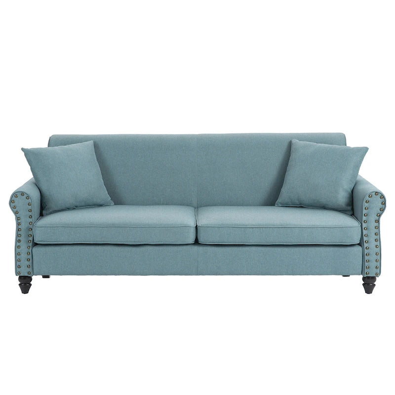 Causeuse cloutée Mid-Century – 73" en lin avec accoudoirs roulés