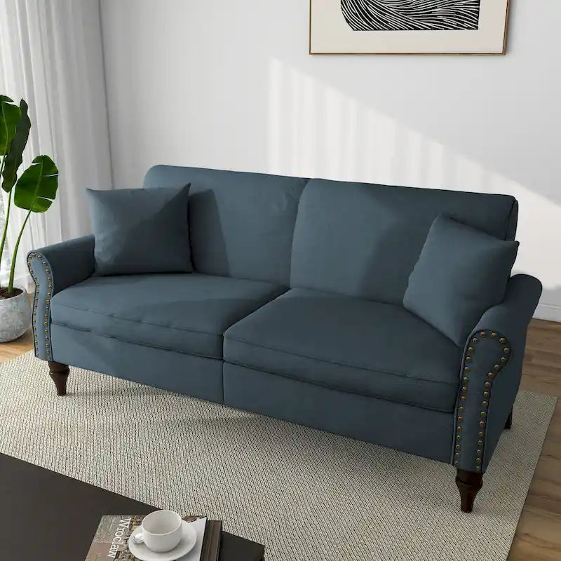 Causeuse cloutée Mid-Century – 73" en lin avec accoudoirs roulés