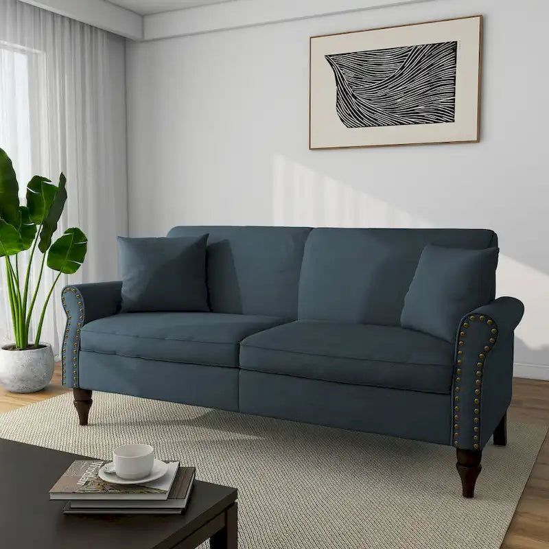 Causeuse cloutée Mid-Century – 73" en lin avec accoudoirs roulés