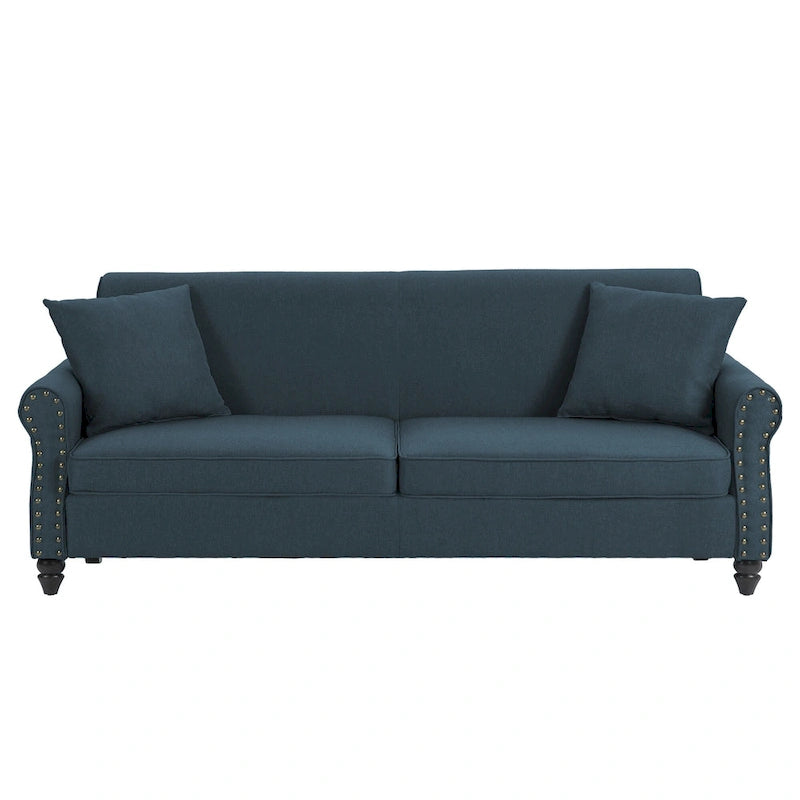 Causeuse cloutée Mid-Century – 73" en lin avec accoudoirs roulés