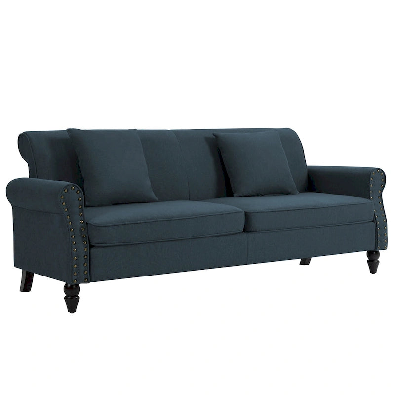 Causeuse cloutée Mid-Century – 73" en lin avec accoudoirs roulés