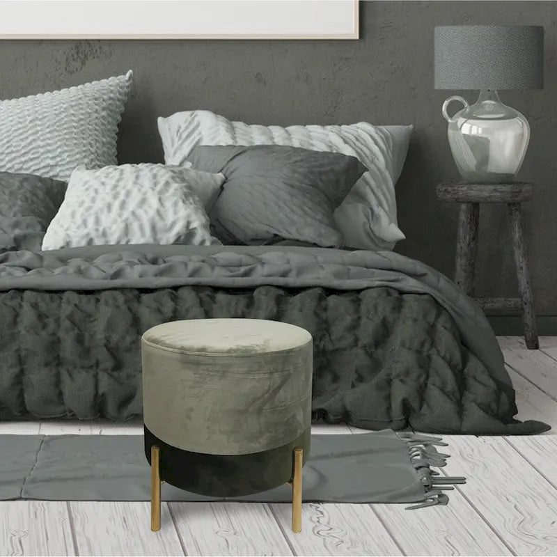 Pouf rond contemporain en velours – Pieds en métal, moyen, gris