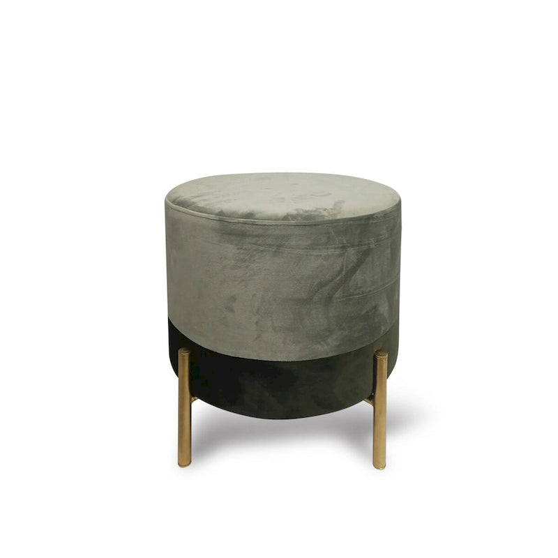 Pouf rond contemporain en velours – Pieds en métal, moyen, gris