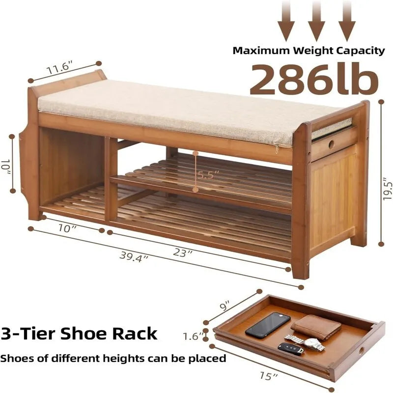Banc à Chaussures en Bambou – 2 Niveaux, Siège Rembourré et Tiroir Dissimulé
