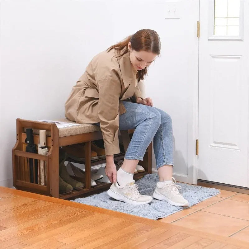 Banc à Chaussures en Bambou – 2 Niveaux, Siège Rembourré et Tiroir Dissimulé