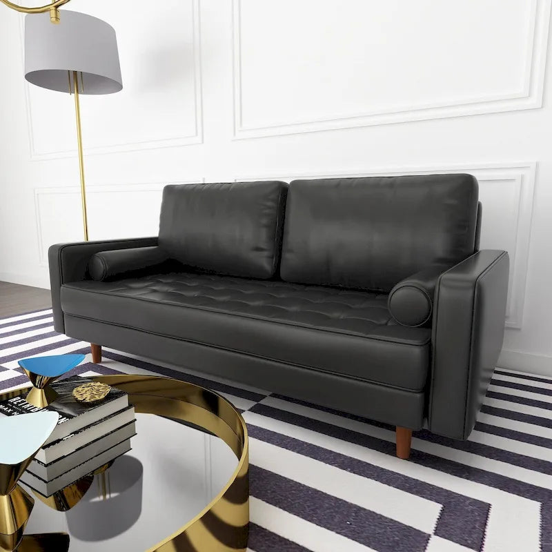 Canapé capitonné en similicuir, style milieu du siècle – Accoudoirs carrés avec pieds en bois et 2 coussins décoratifs