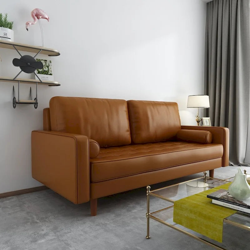 Canapé capitonné en similicuir, style milieu du siècle – Accoudoirs carrés avec pieds en bois et 2 coussins décoratifs