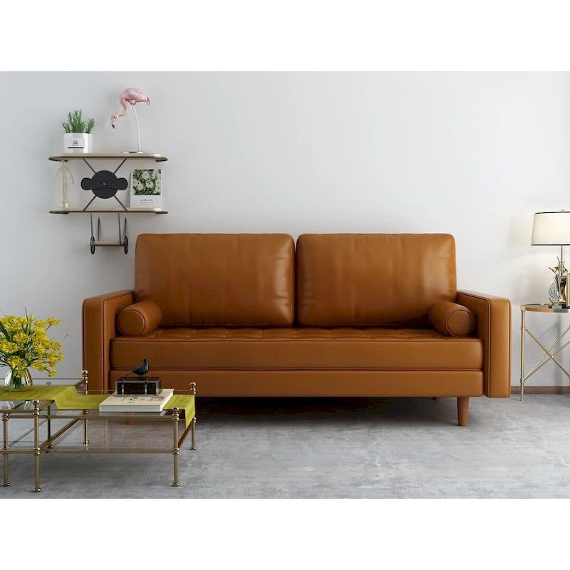 Canapé capitonné en similicuir, style milieu du siècle – Accoudoirs carrés avec pieds en bois et 2 coussins décoratifs