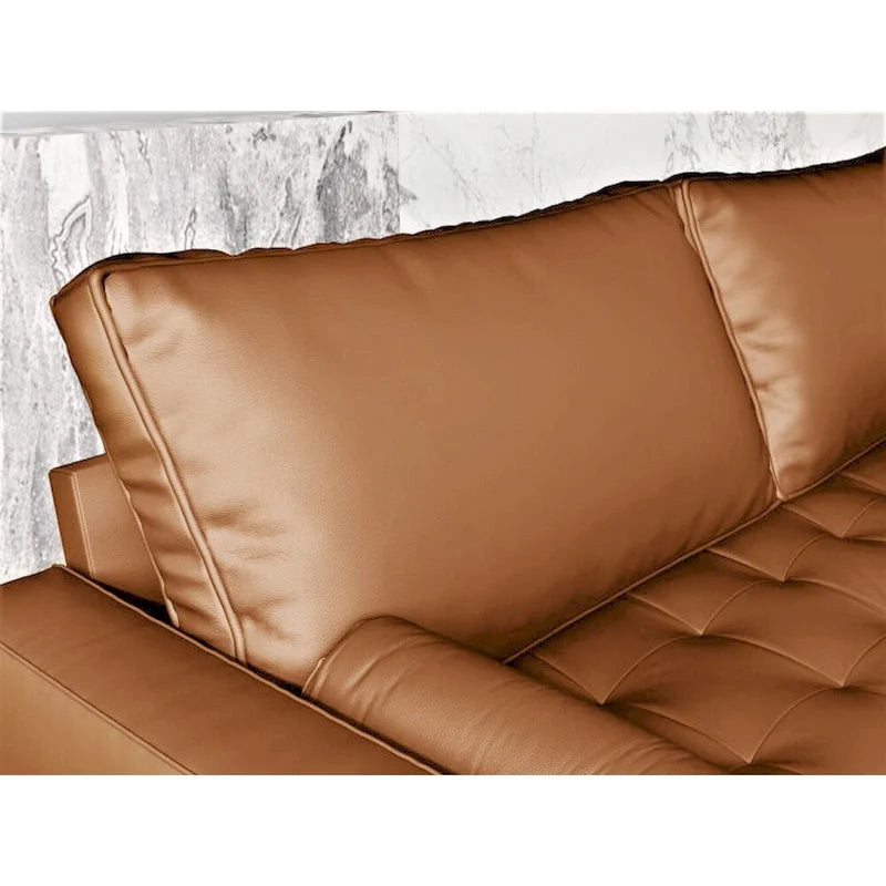 Canapé capitonné en similicuir, style milieu du siècle – Accoudoirs carrés avec pieds en bois et 2 coussins décoratifs