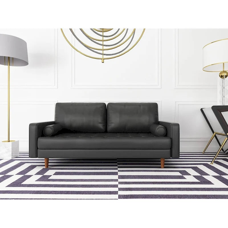 Canapé capitonné en similicuir, style milieu du siècle – Accoudoirs carrés avec pieds en bois et 2 coussins décoratifs