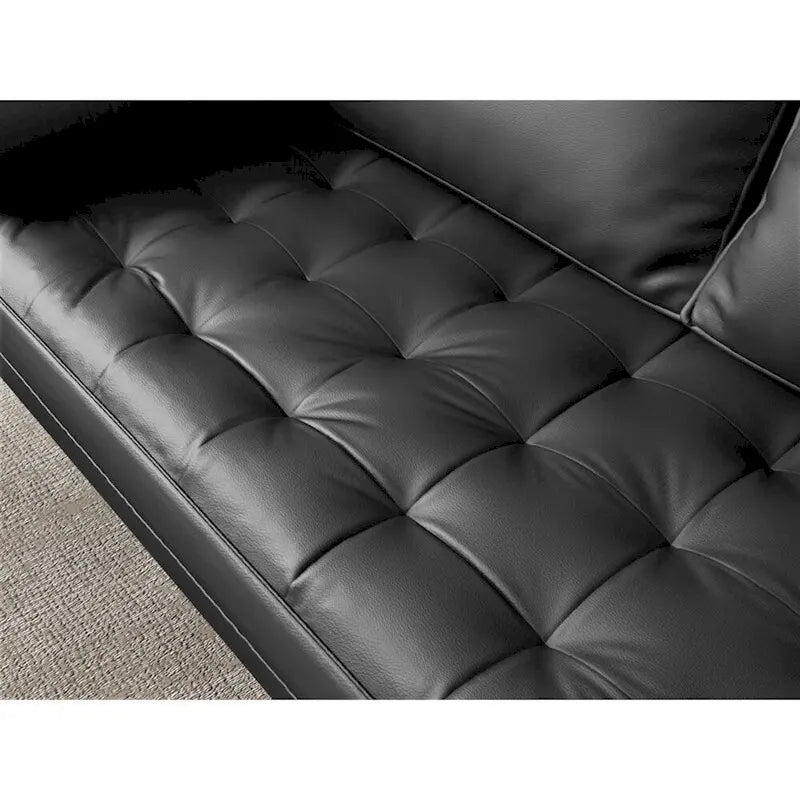 Canapé capitonné en similicuir, style milieu du siècle – Accoudoirs carrés avec pieds en bois et 2 coussins décoratifs