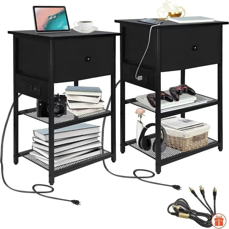 Table de chevet moderne avec station de charge intégrée – 2 prises CA + 2 ports USB, tiroir et étagères grillagées