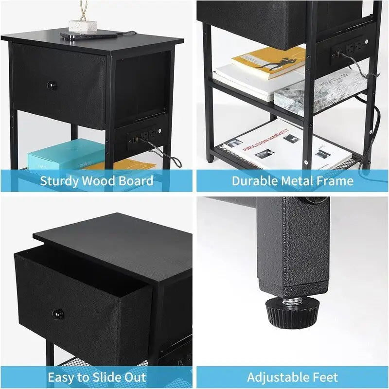 Table de chevet moderne avec station de charge intégrée – 2 prises CA + 2 ports USB, tiroir et étagères grillagées