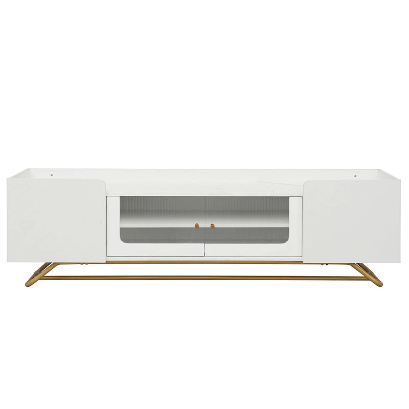 Meuble TV Glam – Plateau effet marbre, cadre doré et portes en verre cannelé