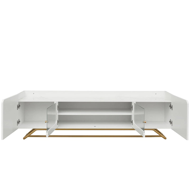 Meuble TV Glam – Plateau effet marbre, cadre doré et portes en verre cannelé