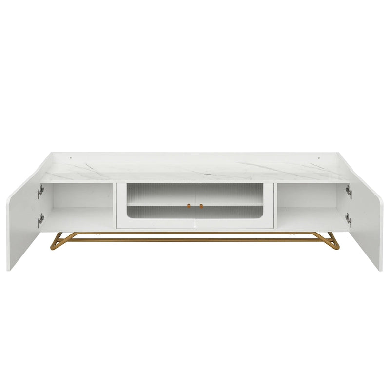 Meuble TV Glam – Plateau effet marbre, cadre doré et portes en verre cannelé