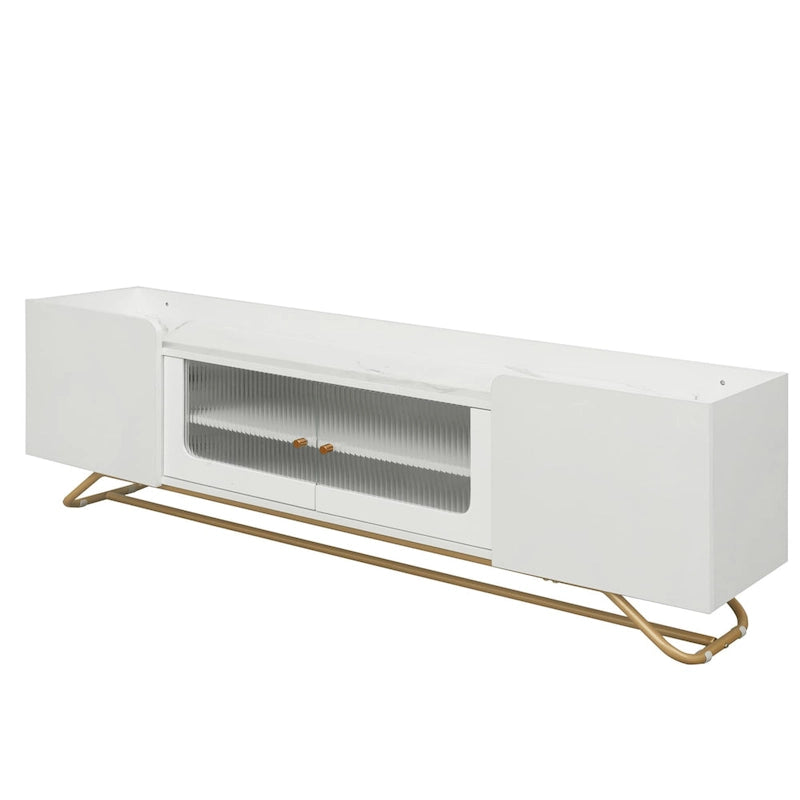 Meuble TV Glam – Plateau effet marbre, cadre doré et portes en verre cannelé