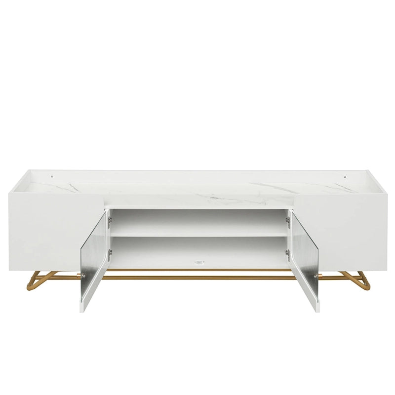 Meuble TV Glam – Plateau effet marbre, cadre doré et portes en verre cannelé