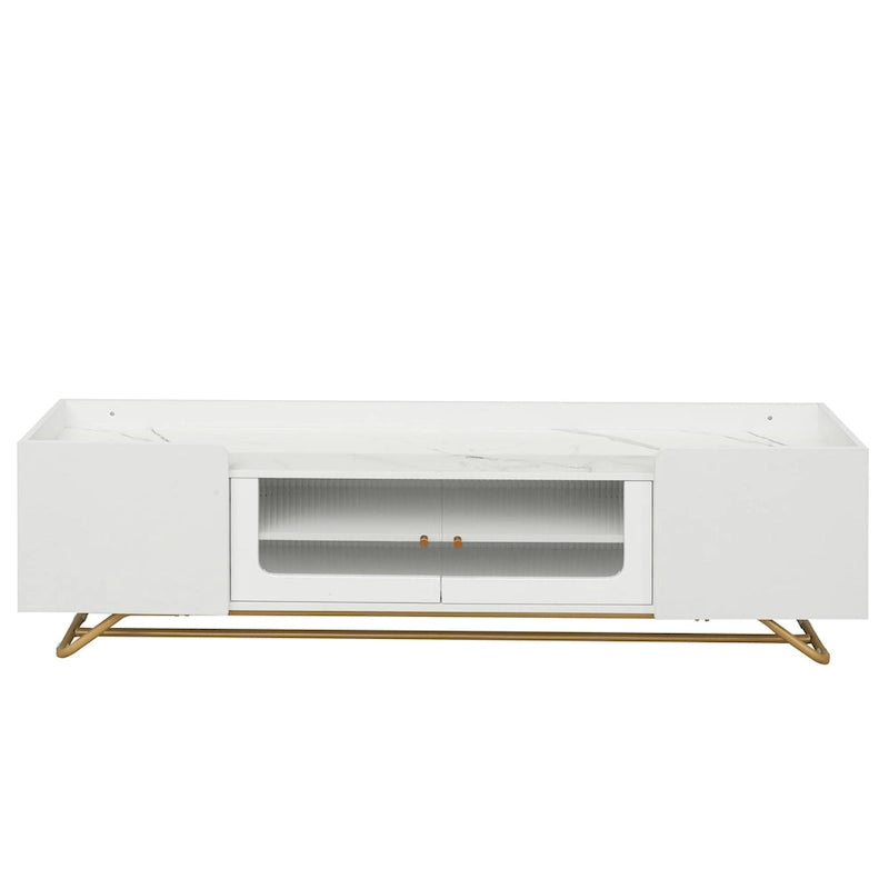 Meuble TV Glam – Plateau effet marbre, cadre doré et portes en verre cannelé