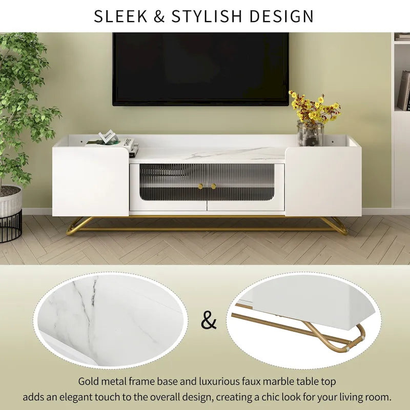 Meuble TV Glam – Plateau effet marbre, cadre doré et portes en verre cannelé