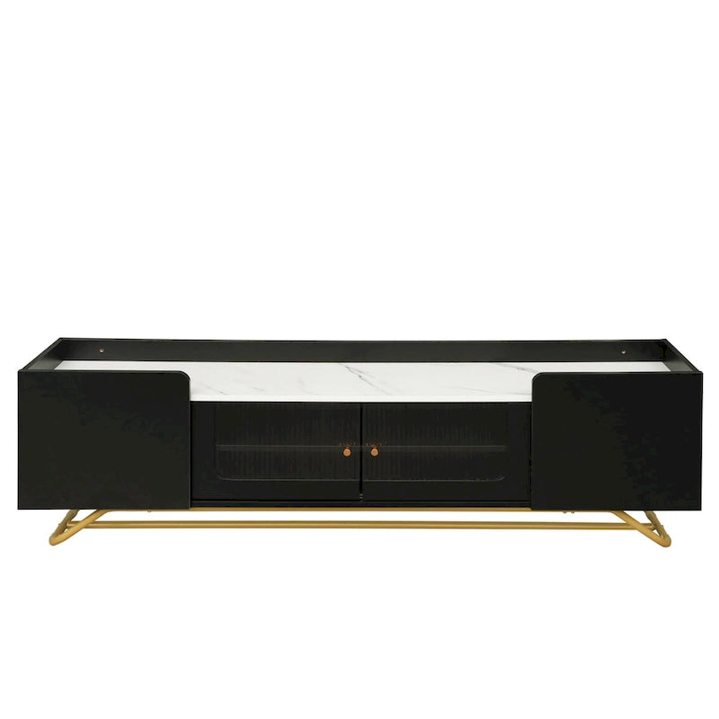 Meuble TV Glam – Plateau effet marbre, cadre doré et portes en verre cannelé