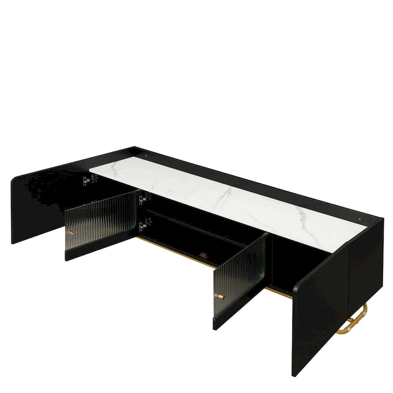 Meuble TV Glam – Plateau effet marbre, cadre doré et portes en verre cannelé