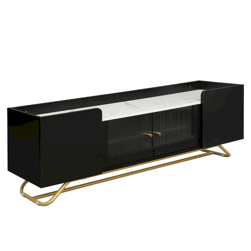 Meuble TV Glam – Plateau effet marbre, cadre doré et portes en verre cannelé