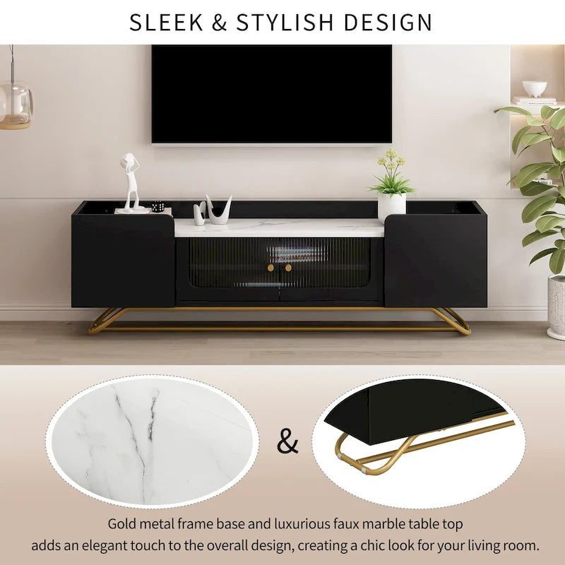 Meuble TV Glam – Plateau effet marbre, cadre doré et portes en verre cannelé