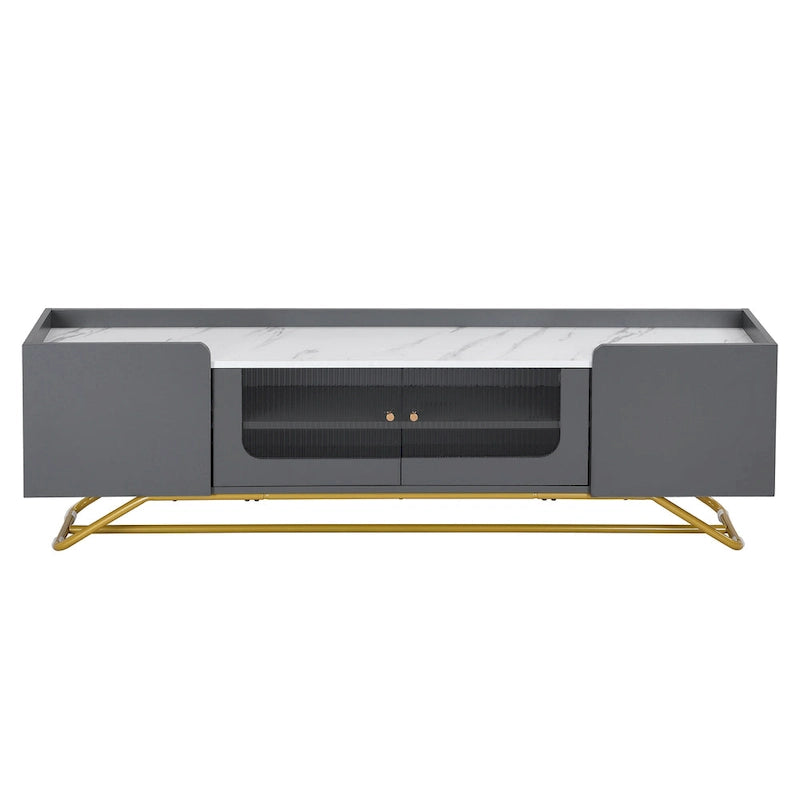 Meuble TV Glam – Plateau effet marbre, cadre doré et portes en verre cannelé