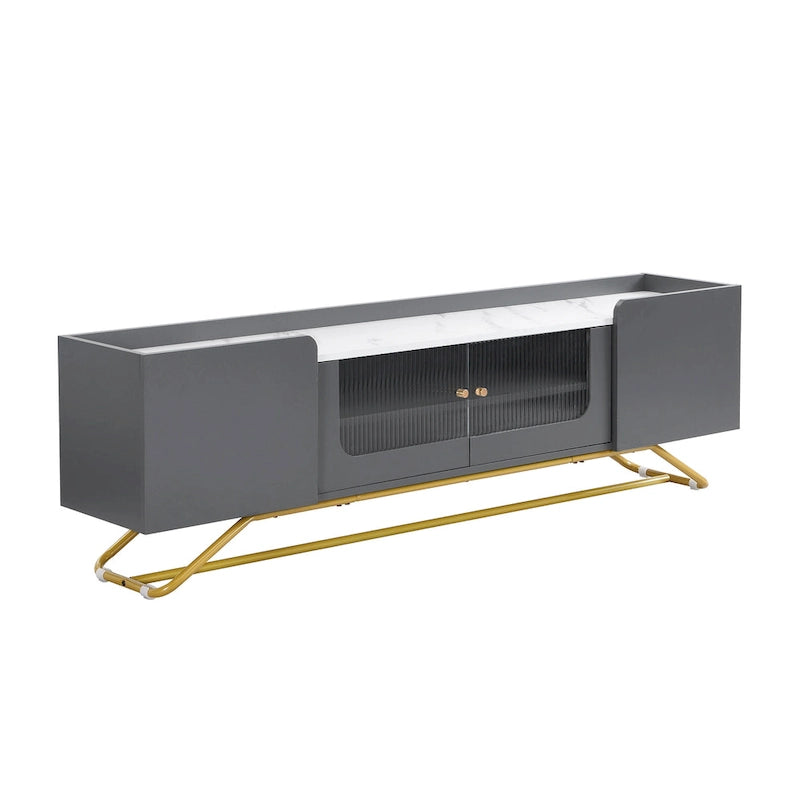 Meuble TV Glam – Plateau effet marbre, cadre doré et portes en verre cannelé