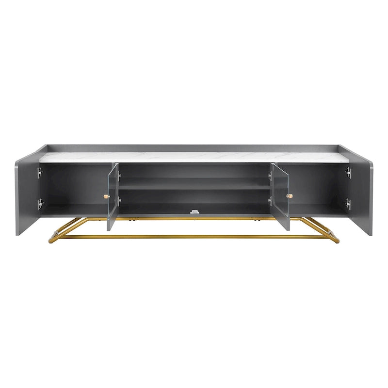 Meuble TV Glam – Plateau effet marbre, cadre doré et portes en verre cannelé