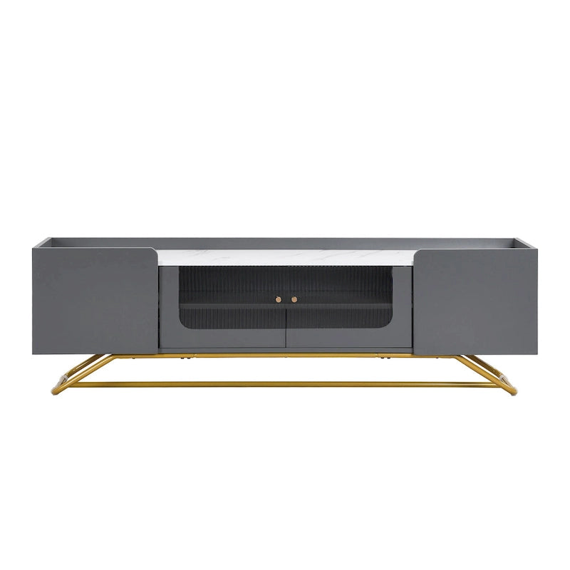 Meuble TV Glam – Plateau effet marbre, cadre doré et portes en verre cannelé