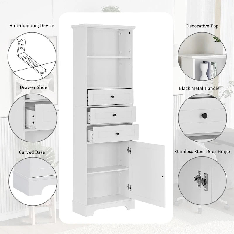 Meuble haut de salle de bain autoportant moderne et minimaliste – 3 tiroirs, étagères réglables et armoire fermée