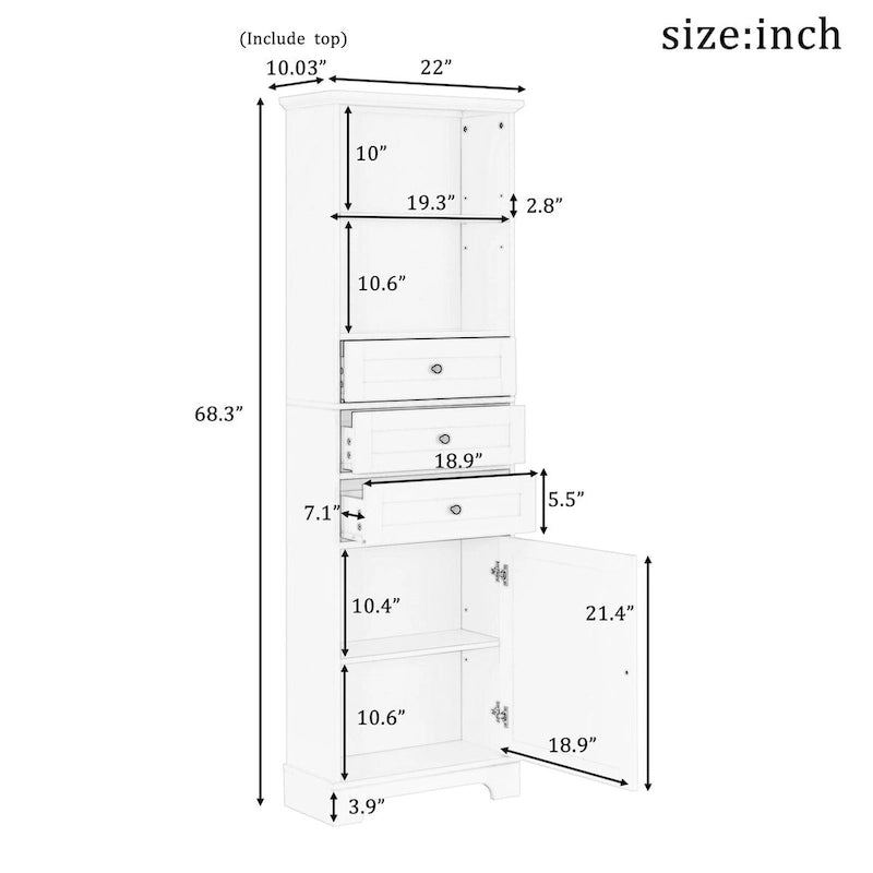 Meuble haut de salle de bain autoportant moderne et minimaliste – 3 tiroirs, étagères réglables et armoire fermée