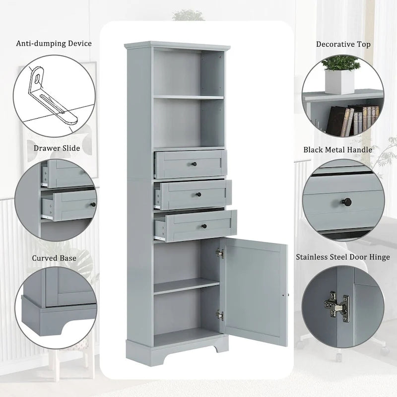 Meuble haut de salle de bain autoportant moderne et minimaliste – 3 tiroirs, étagères réglables et armoire fermée
