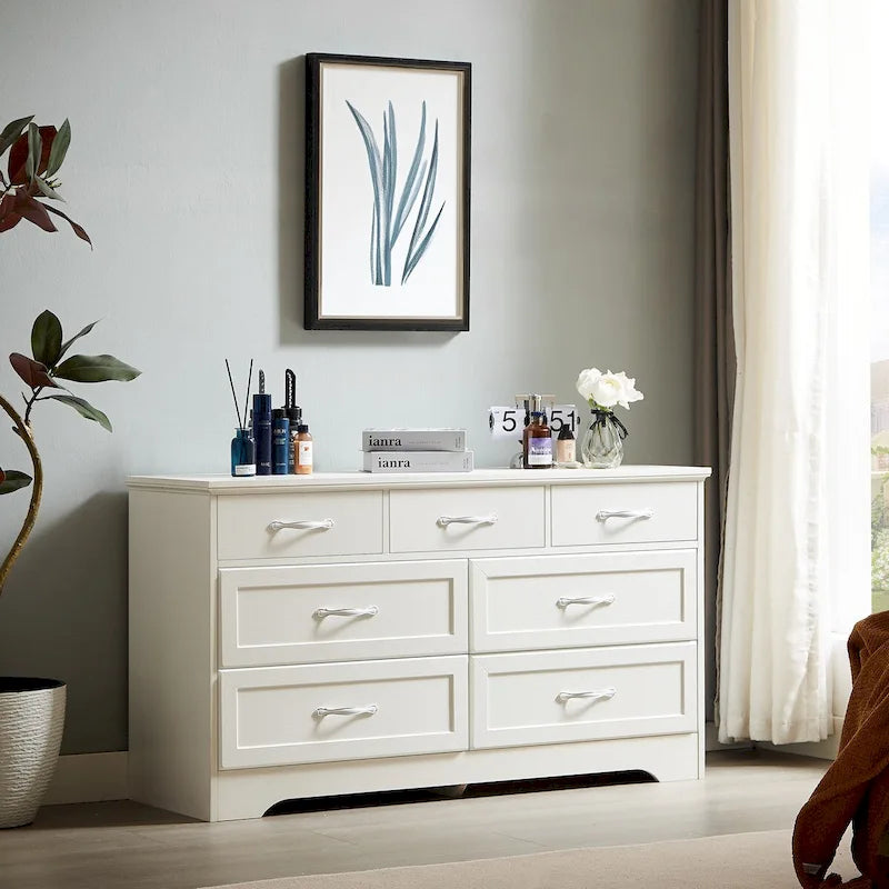 Commode moderne à 7 tiroirs – Panneaux de particules hydrofuges avec tiroirs à rails métalliques et dispositif anti-basculement