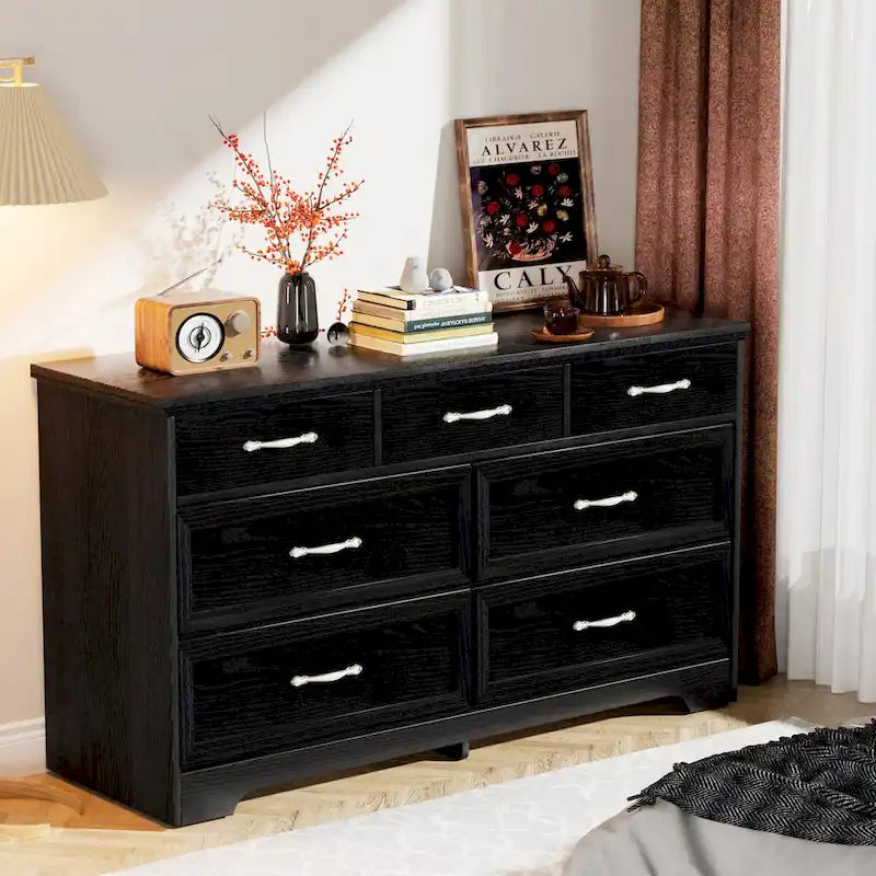 Commode moderne à 7 tiroirs – Panneaux de particules hydrofuges avec tiroirs à rails métalliques et dispositif anti-basculement