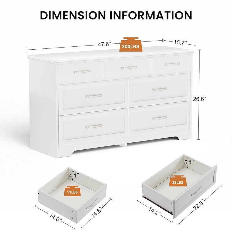 Commode moderne à 7 tiroirs – Panneaux de particules hydrofuges avec tiroirs à rails métalliques et dispositif anti-basculement